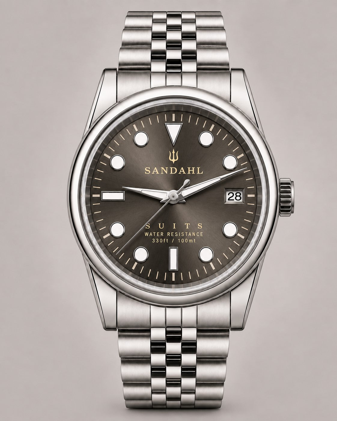 SANDAHL SUITS Savile Taupe watch with a taupe sunburst dial and stainless steel bracelet, front view.