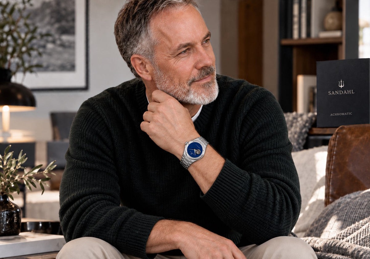 Man wearing a SANDAHL ACHROMATIC watch with a cobalt blue open-heart dial and stainless steel bracelet in a relaxed interior.