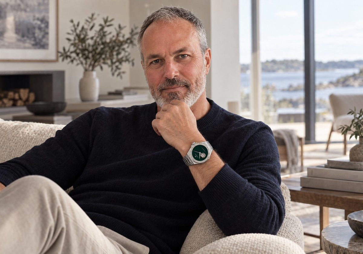 Man wearing a SANDAHL ACHROMATIC watch with a metallic green open-heart dial and stainless steel bracelet in a coastal home.