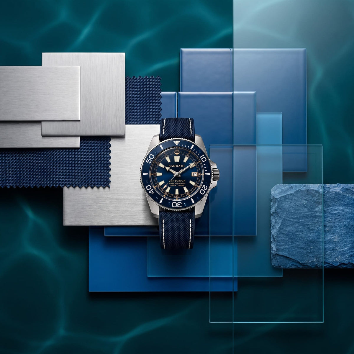SANDAHL CENTURION Abyss blue bronze in different angles watch with dark teal dial and black rubber strap, arranged on bronze, blue and glass samples.