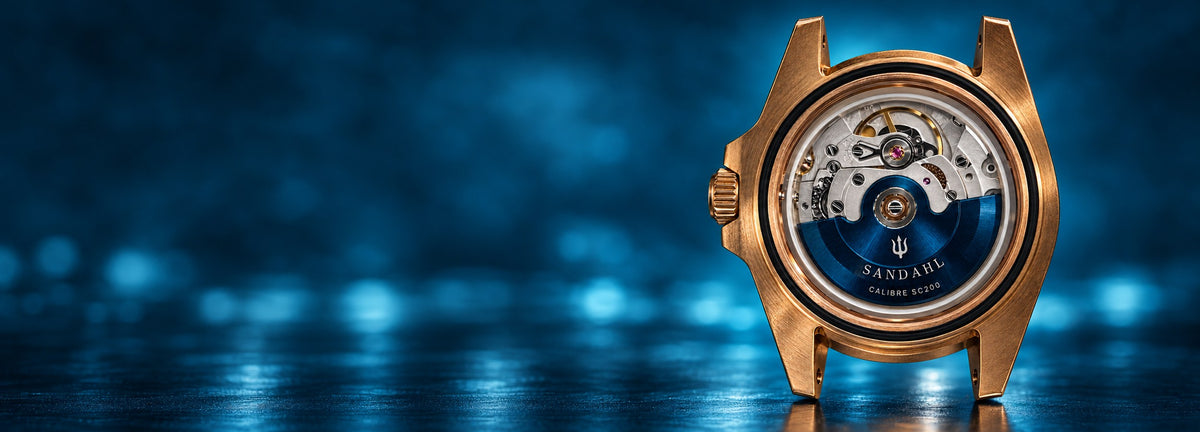 SANDAHL AEREUS bronze case with its exposed movement and blue CALIBRE SC200 rotor, positioned on the right against a petrol blue background.