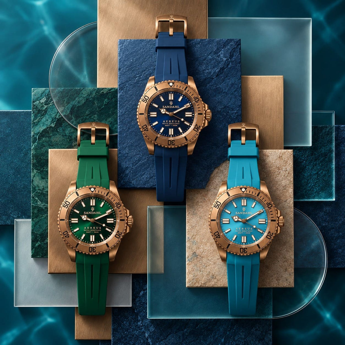 SANDAHL AEREUS collection featuring bronze dive watches with blue, green and teal dials and matching rubber straps.