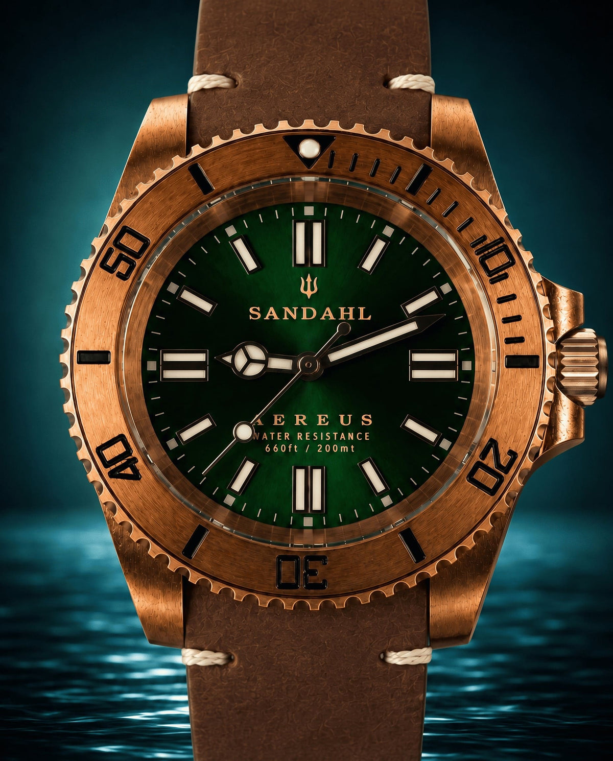 SANDAHL AEREUS Emerald Current with a green dial, bronze case and brown leather strap with cream stitching, viewed from the front.