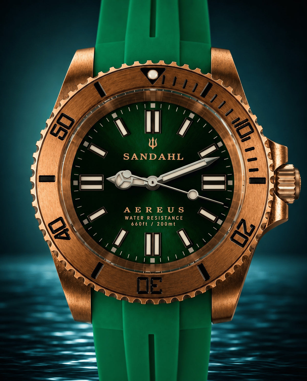 SANDAHL AEREUS Emerald Current with a green dial, bronze case and green rubber strap, viewed from the front.