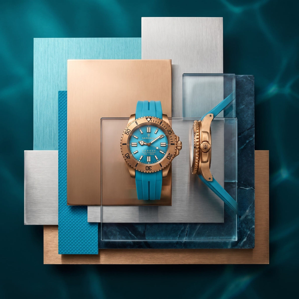SANDAHL AEREUS Glacial Aqua bronze watch with aqua dial and rubber strap, shown from the front and side among material samples.