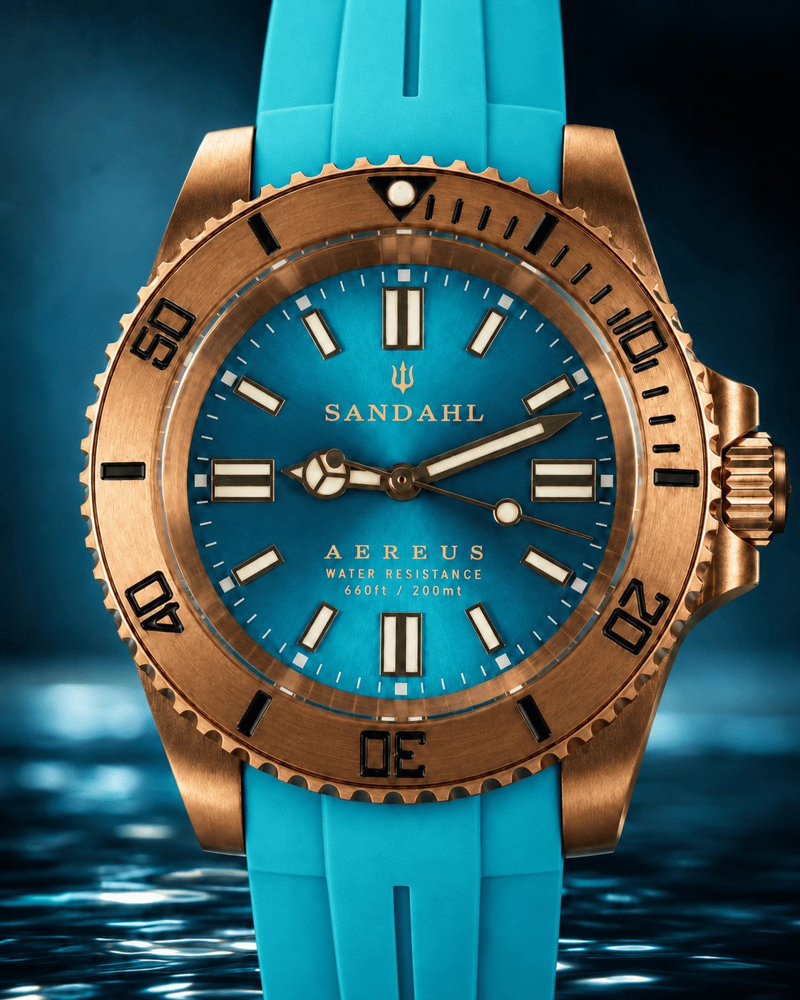 SANDAHL AEREUS Glacial Aqua with an aqua blue dial, bronze case and aqua rubber strap, viewed from the front.