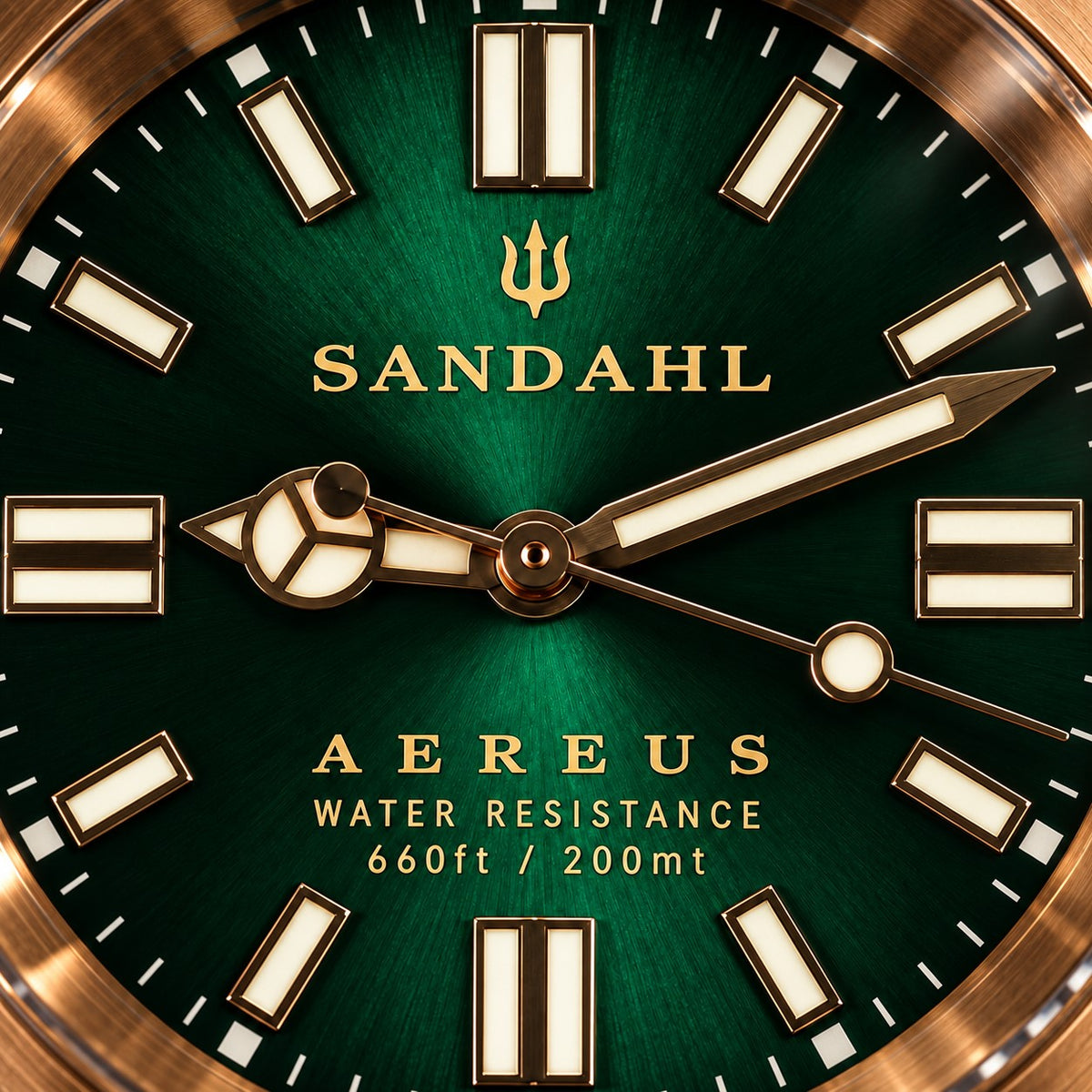 Close-up of the SANDAHL AEREUS Emerald Current sunburst dial with gold-tone hands, luminous indices and a bronze dive bezel.