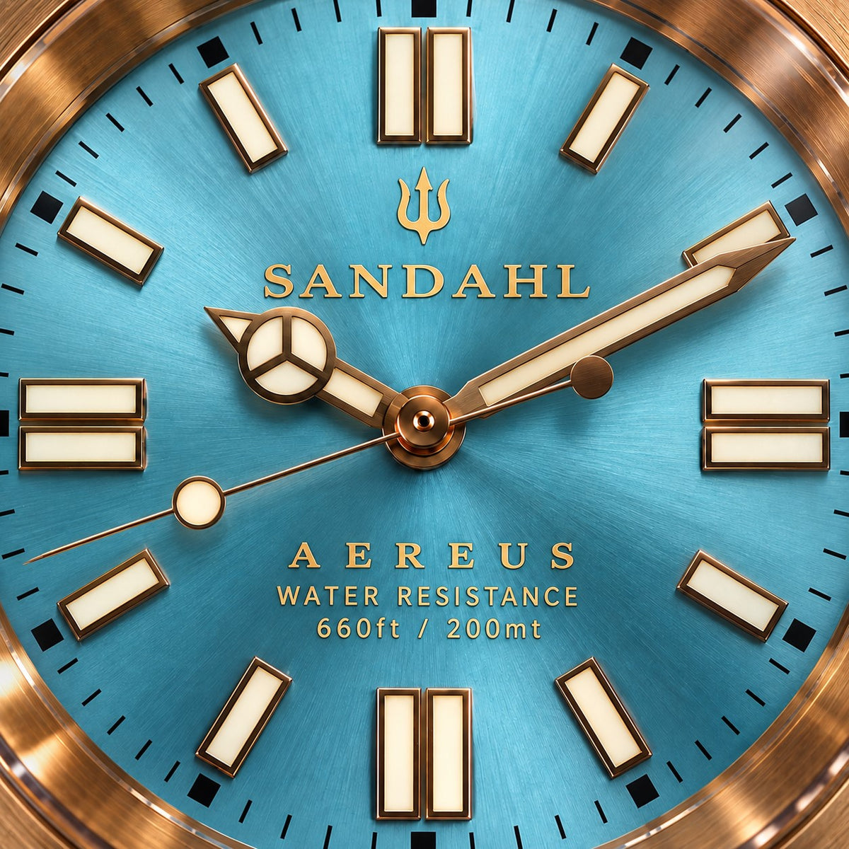 Close-up of the SANDAHL AEREUS Glacial Aqua sunburst dial with gold-tone hands, luminous indices and a bronze dive bezel.