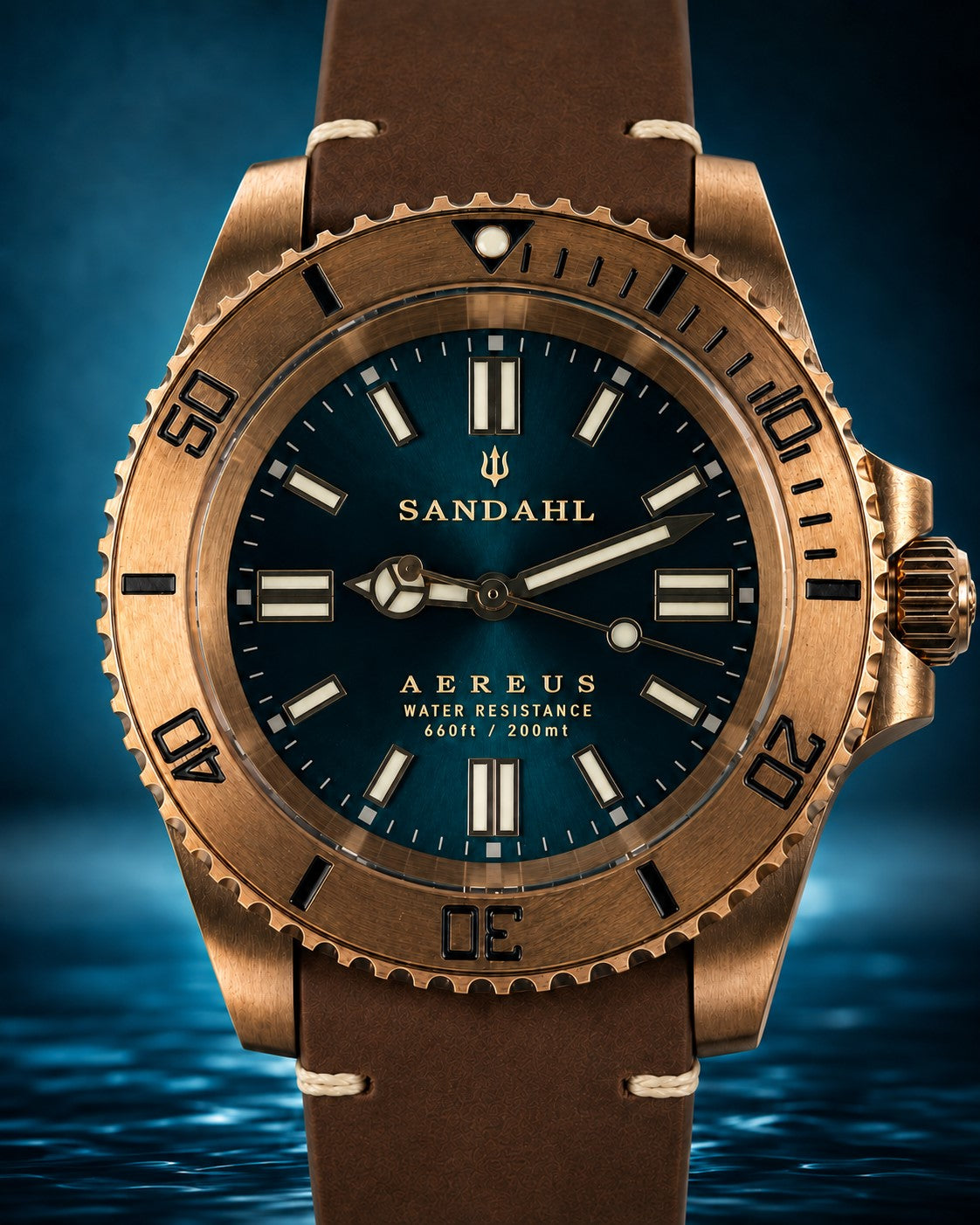 SANDAHL AEREUS Patina Teal with a blue-green dial, bronze case and brown leather strap with cream stitching, viewed from the front.