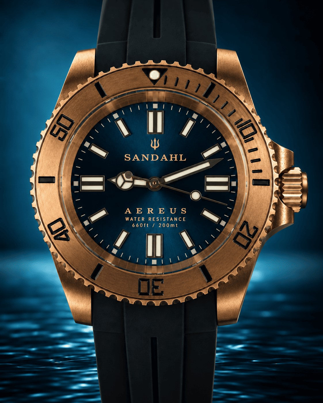 SANDAHL AEREUS Patina Teal with a blue-green dial, bronze case and black rubber strap, viewed from the front.