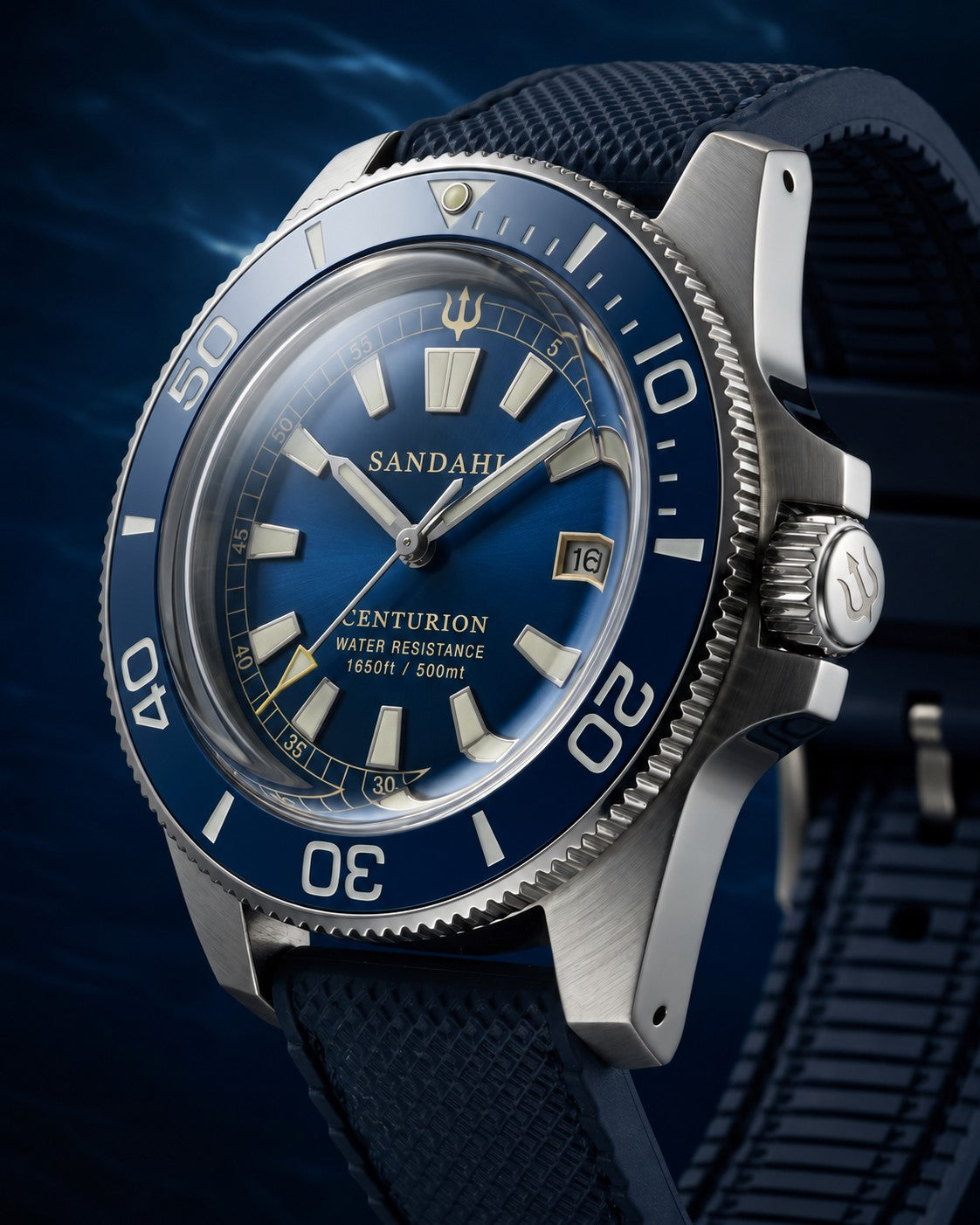 SANDAHL CENTURION Abyss Blue with a blue dial and navy textured strap with contrast stitching, viewed at an angle showing the domed crystal.