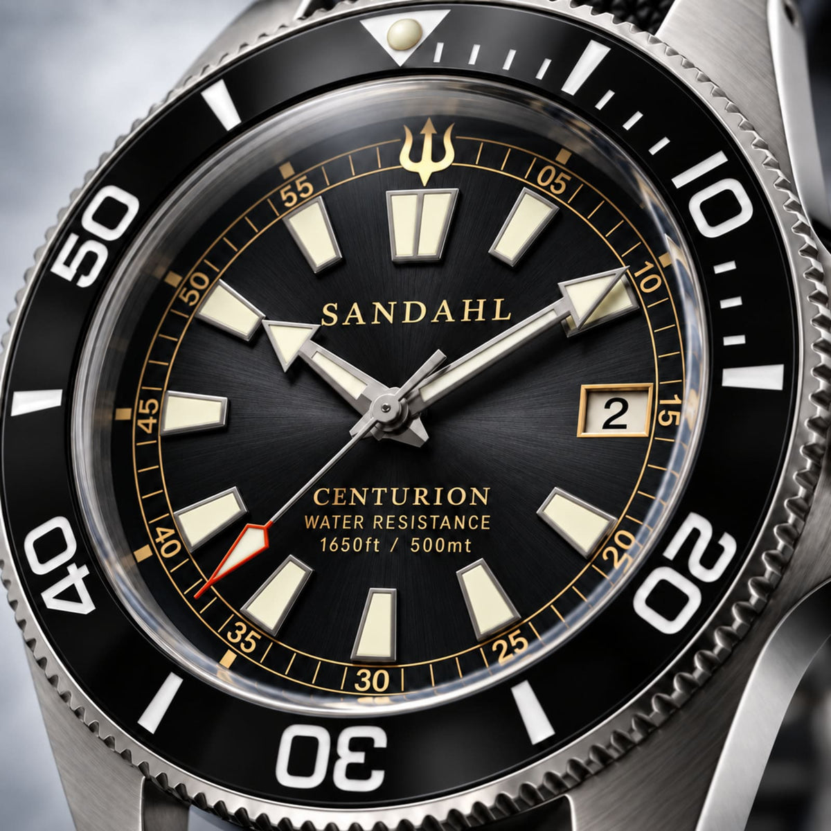 Close-up of the black SANDAHL CENTURION Blackwater dial, luminous markers, hands, date window and trident.