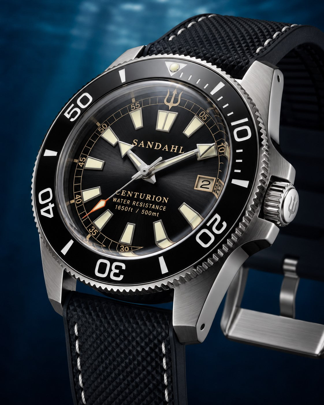 SANDAHL CENTURION Blackwater with a black dial and black textured strap with contrast stitching, viewed at an angle showing the domed crystal.
