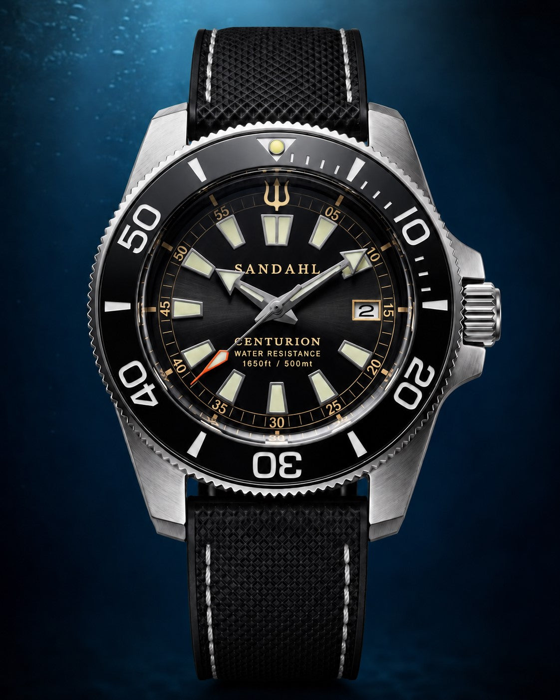 SANDAHL CENTURION Blackwater with a black dial and black textured strap with contrast stitching, viewed from the front.