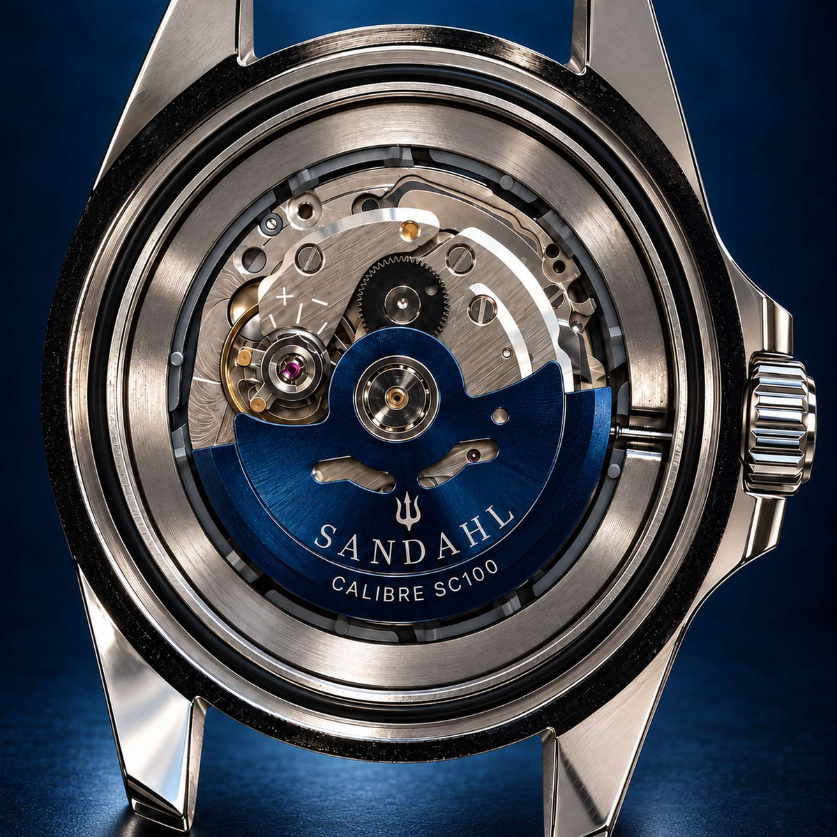Close-up of the SANDAHL CENTURION movement in its stainless steel case, with a blue rotor engraved SANDAHL and CALIBRE SC100.