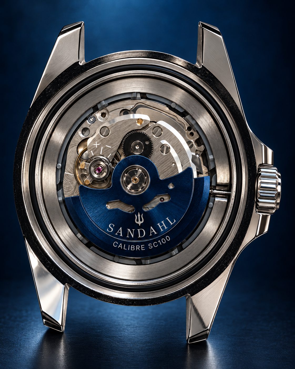 SANDAHL CENTURION stainless steel watch without a strap or caseback, showing the blue rotor engraved CALIBRE SC100 against a dark navy background.