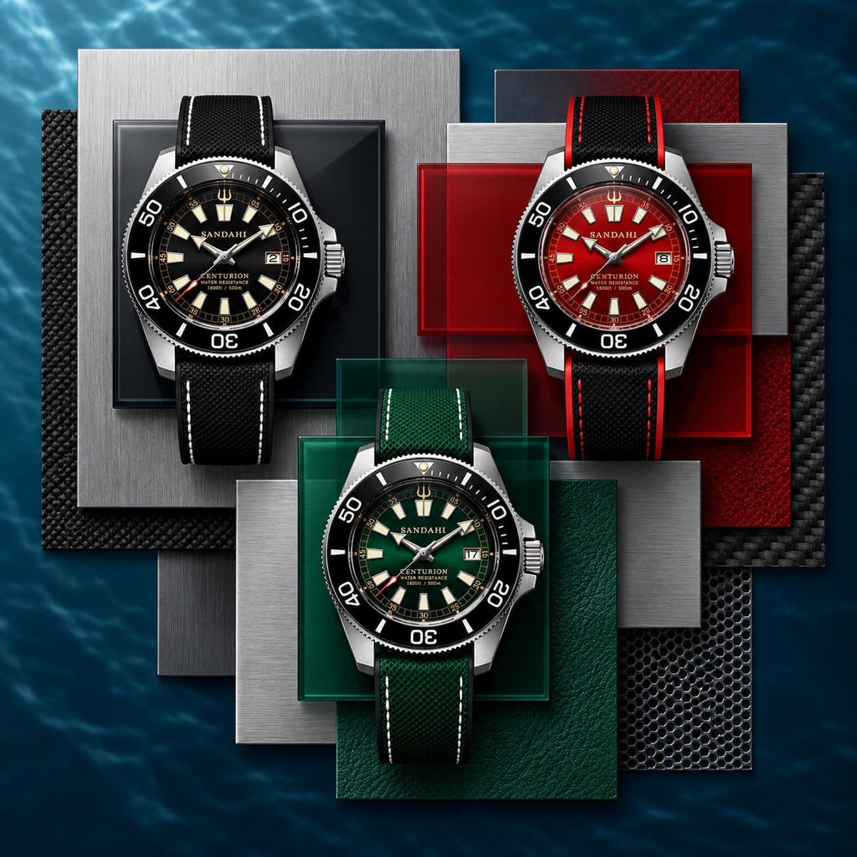 SANDAHL CENTURION collection featuring black, red and green dive watches with stainless steel cases and technical straps.