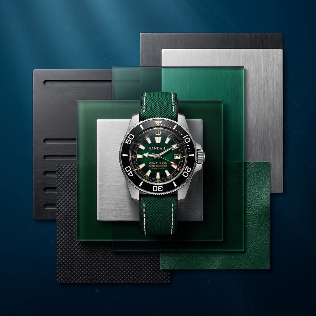 SANDAHL CENTURION green dial watch with a green strap, arranged on layered green glass, brushed metal and textured material samples.