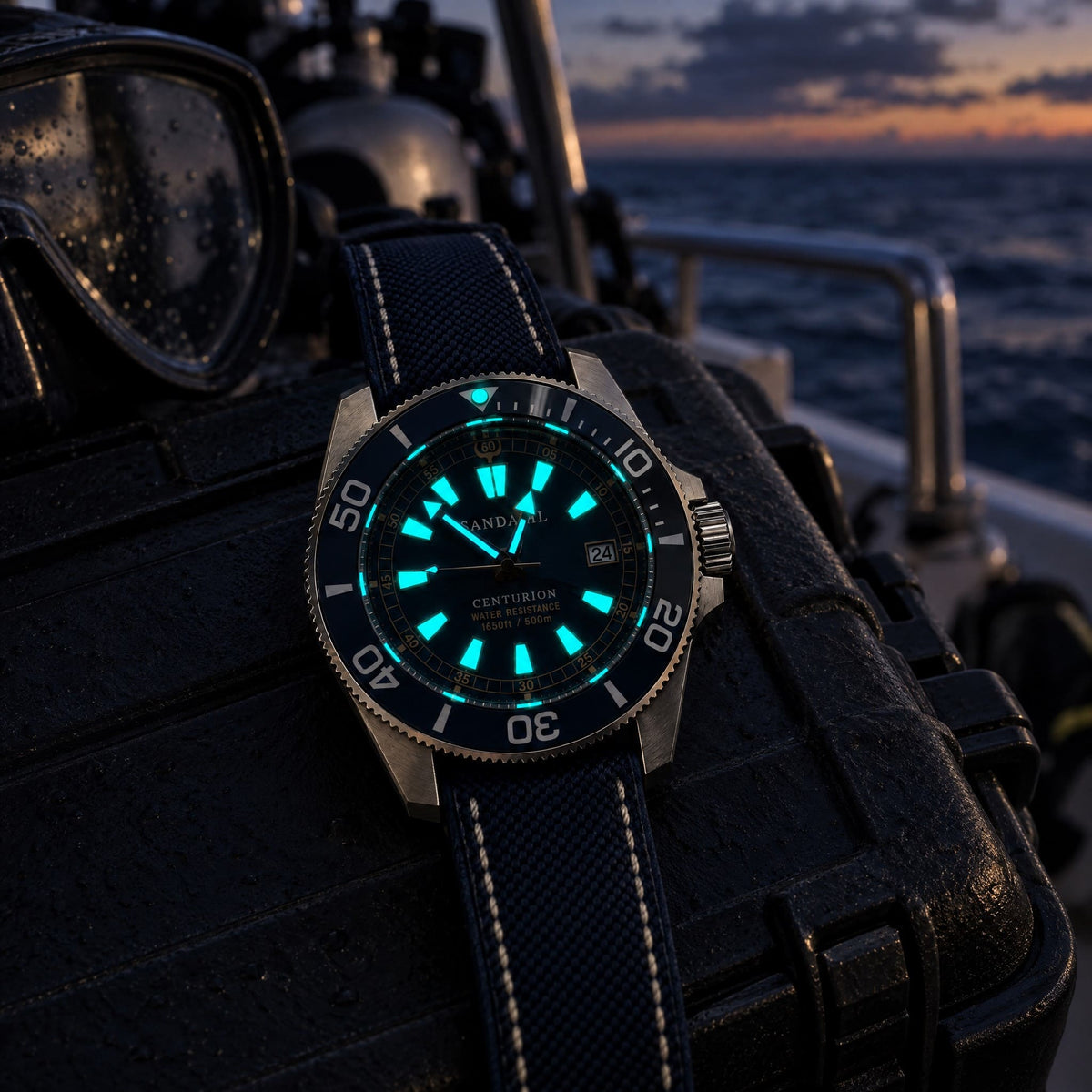 SANDAHL CENTURION watch with glowing hands and hour markers on a diving equipment case aboard a boat at dusk.