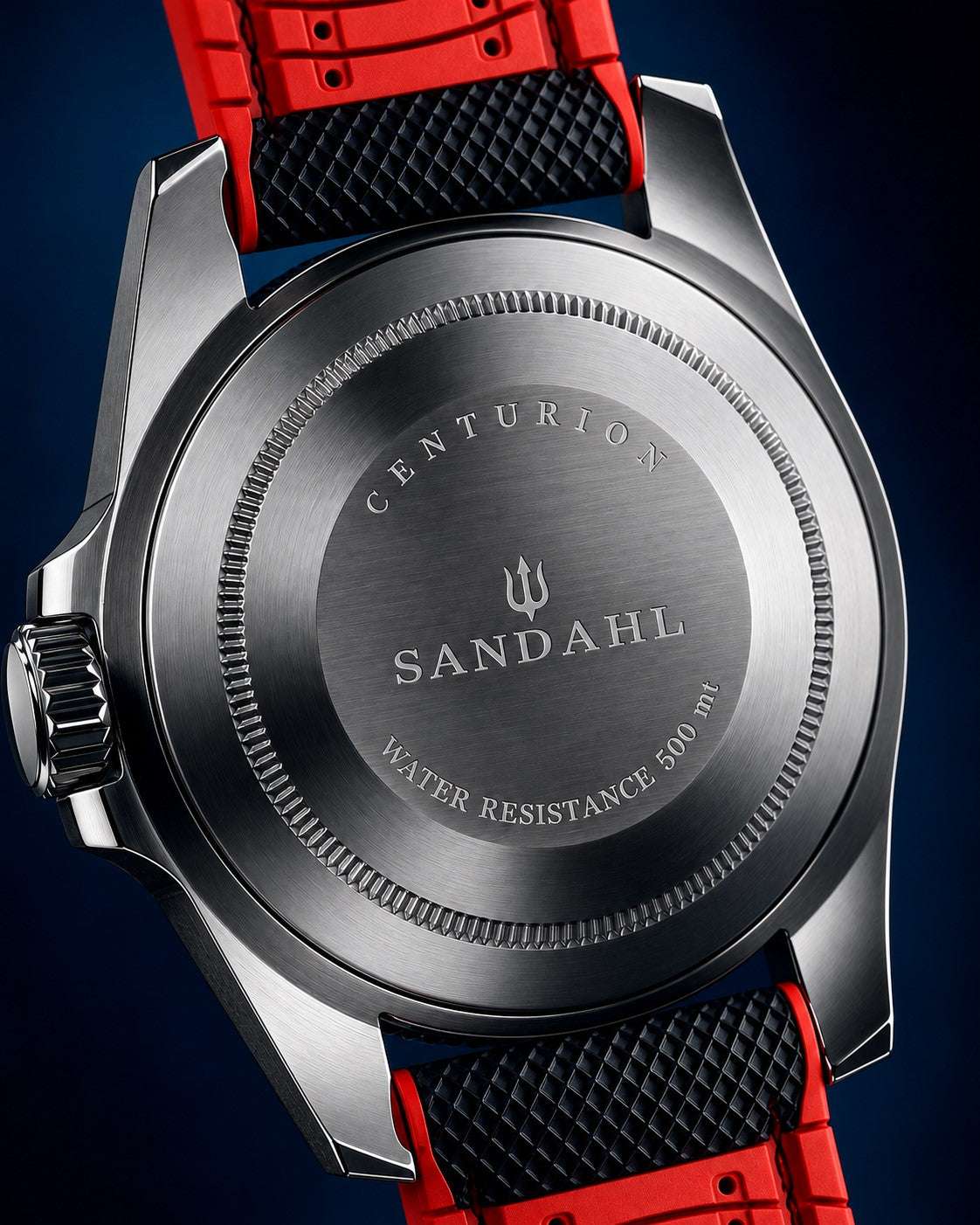 Rear view of SANDAHL CENTURION Signal Red with an engraved steel caseback and black and red textured strap.