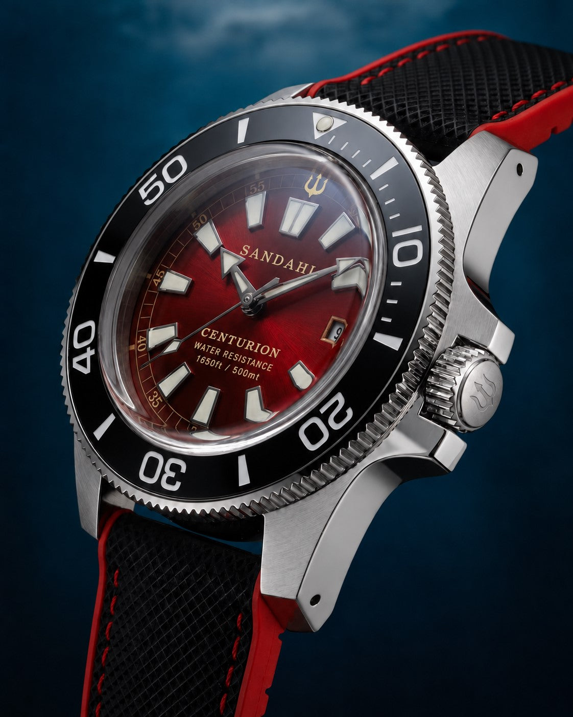 SANDAHL CENTURION Signal Red with a red dial and black and red textured strap with contrast stitching, viewed at an angle showing the domed crystal.