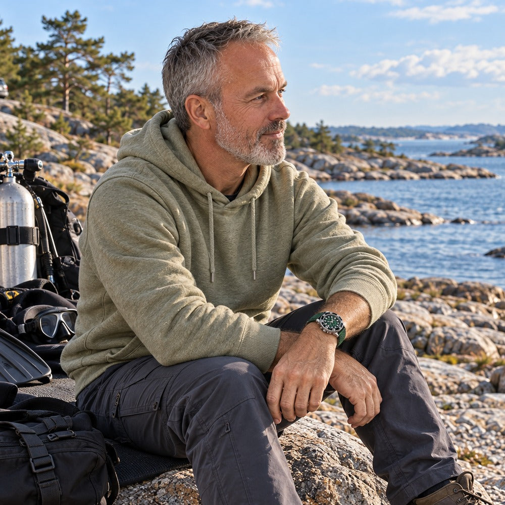 Man wearing a SANDAHL CENTURION Trench Green watch, sitting by the Swedish archipelago with diving equipment beside him.