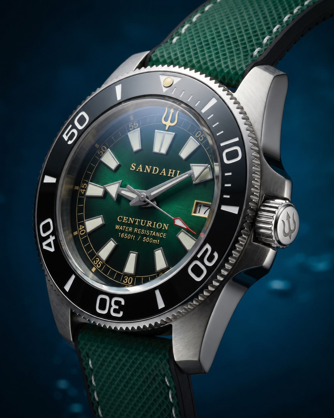 SANDAHL CENTURION Trench Green with a green dial and green textured strap with contrast stitching, viewed at an angle showing the domed crystal.