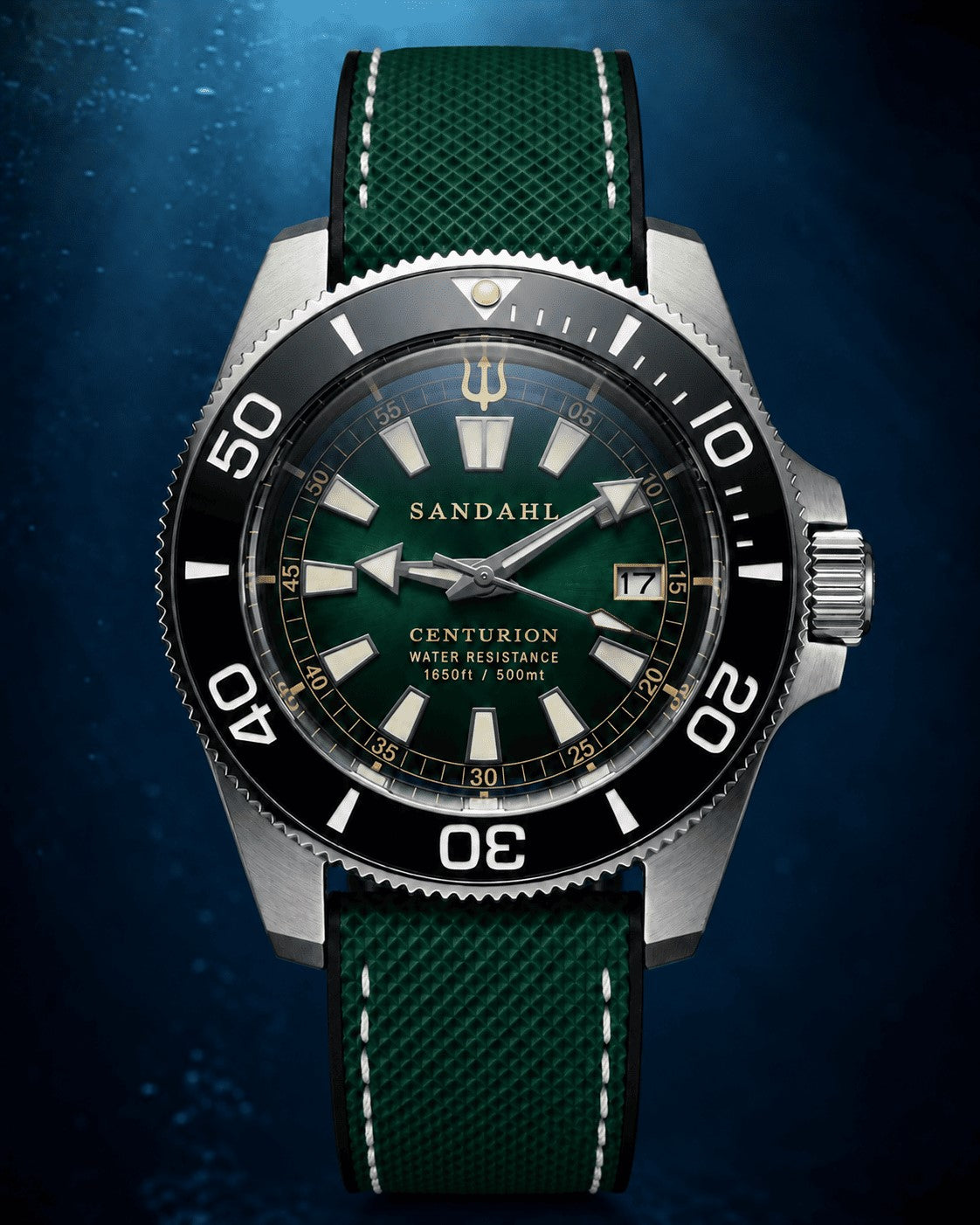SANDAHL CENTURION Trench Green with a green dial and green textured strap with contrast stitching, viewed from the front.