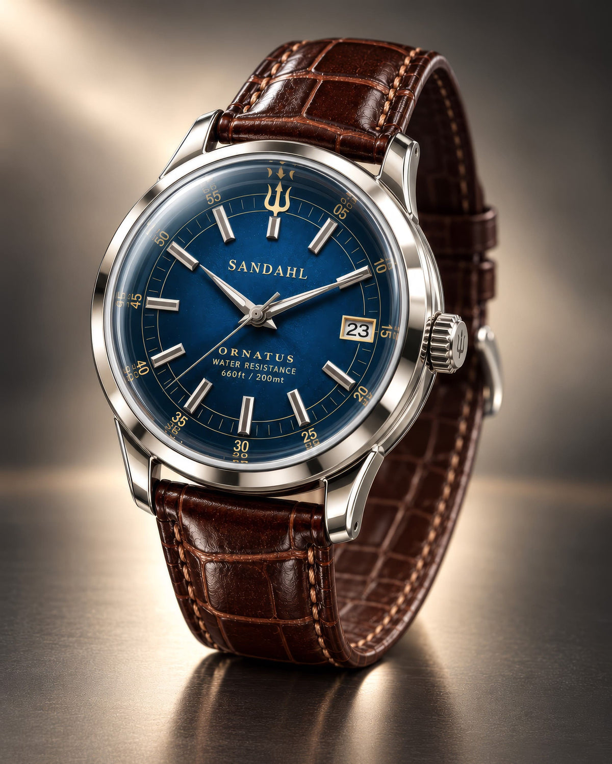 SANDAHL ORNATUS Cobalt with a blue dial, polished steel case and brown crocodile-pattern leather strap, viewed at an angle.