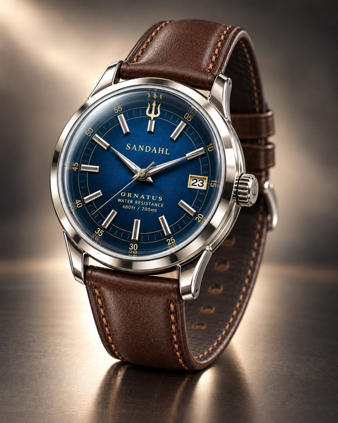 SANDAHL ORNATUS Cobalt watch with a blue dial, polished stainless steel case and brown leather strap.