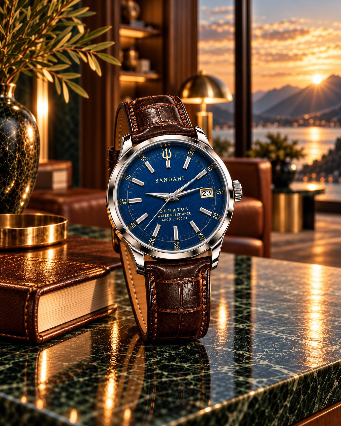 SANDAHL ORNATUS Cobalt with a blue dial and brown leather strap on green marble, overlooking a lake at sunset.