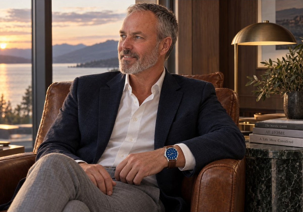 Man wearing a SANDAHL ORNATUS Cobalt watch with a blue dial and brown leather strap in a lounge overlooking the water at sunset.