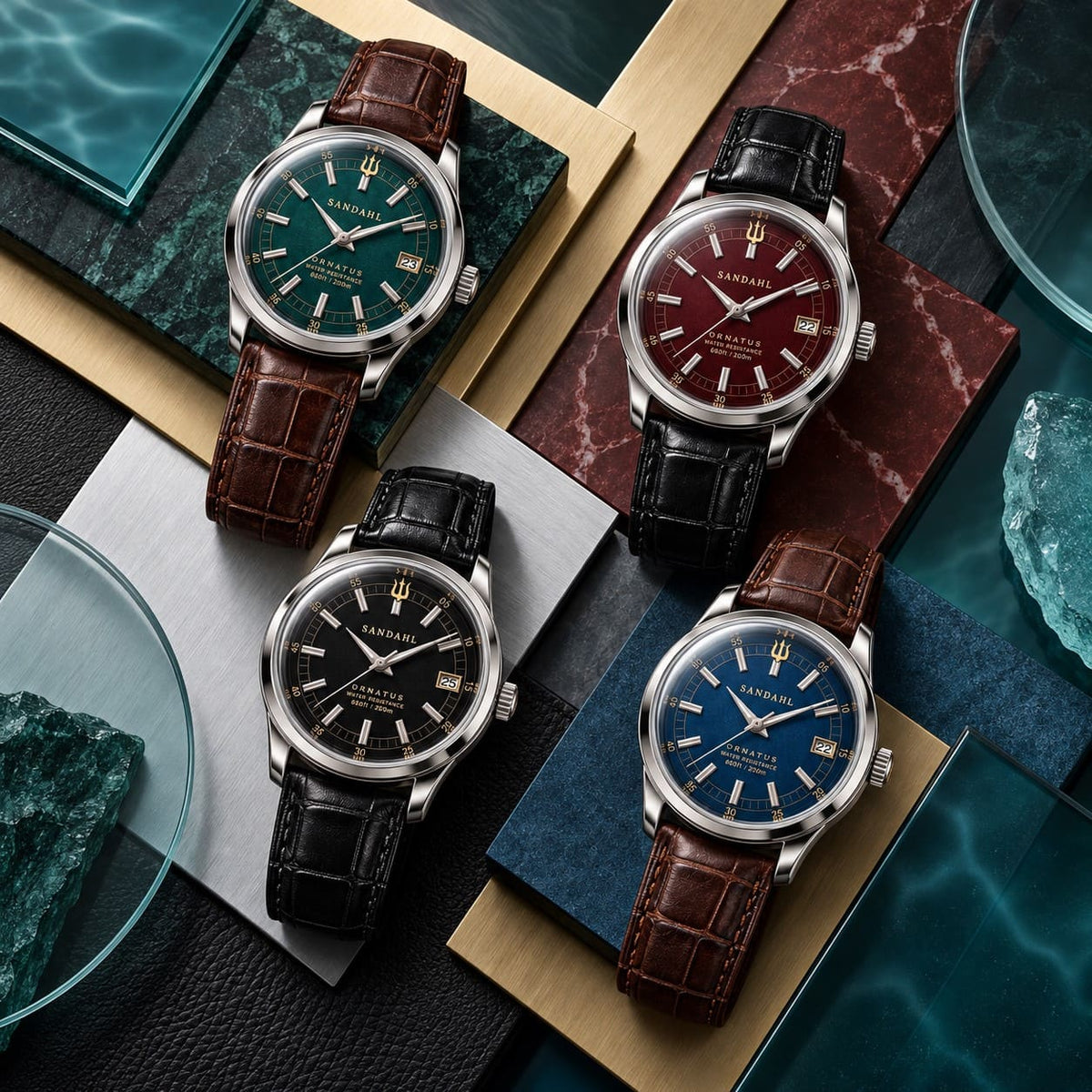 SANDAHL ORNATUS collection featuring Cobalt, Malachite, Garnet and Onyx dress watches with polished stainless steel cases.