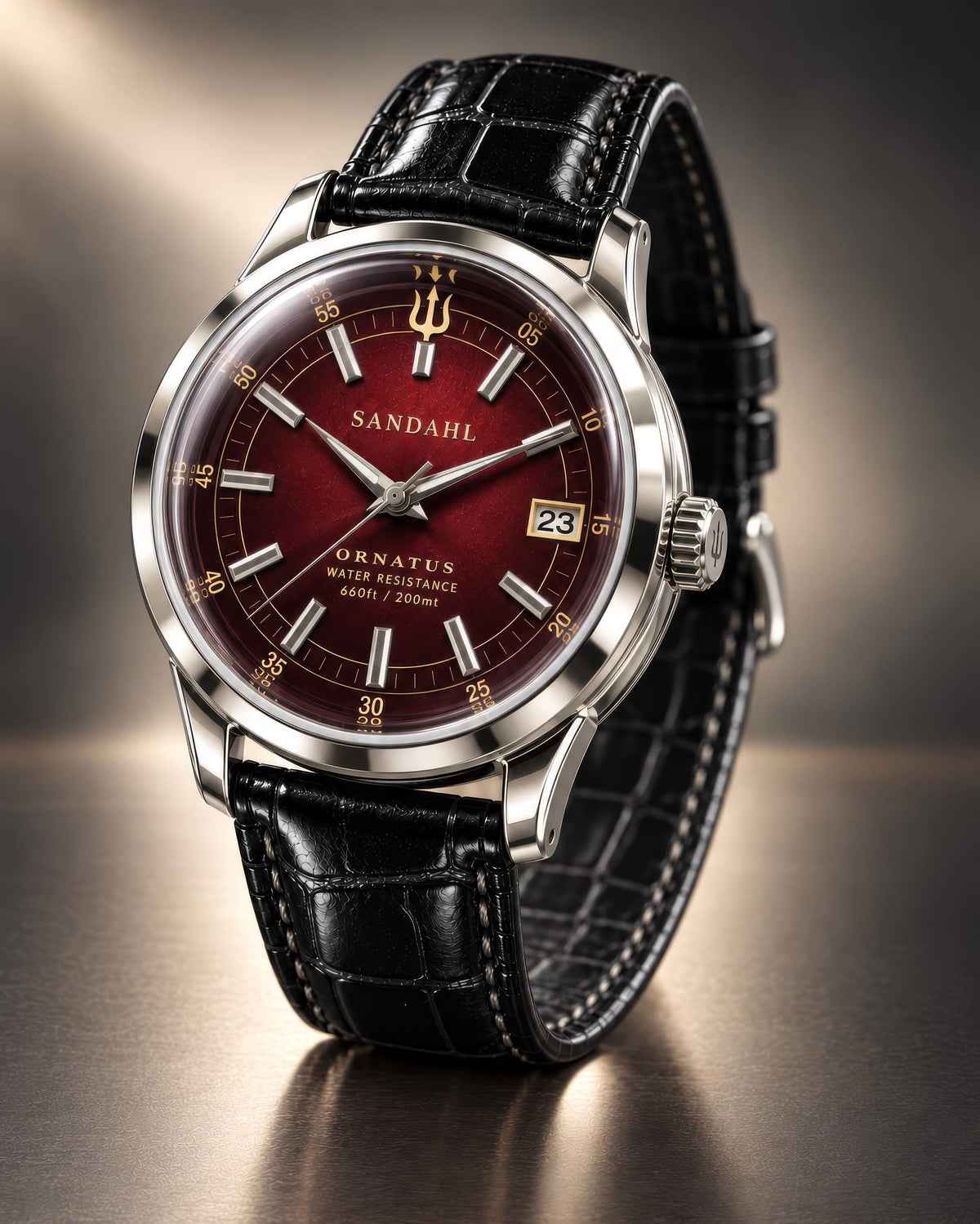 SANDAHL ORNATUS Garnet with a burgundy red dial, polished steel case and black crocodile-pattern leather strap, viewed at an angle.