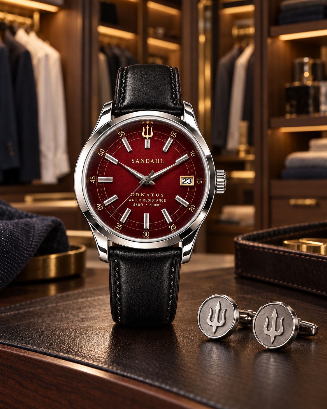 SANDAHL ORNATUS Garnet watch with a red dial and black leather strap beside trident cufflinks in a warmly lit walk-in closet.
