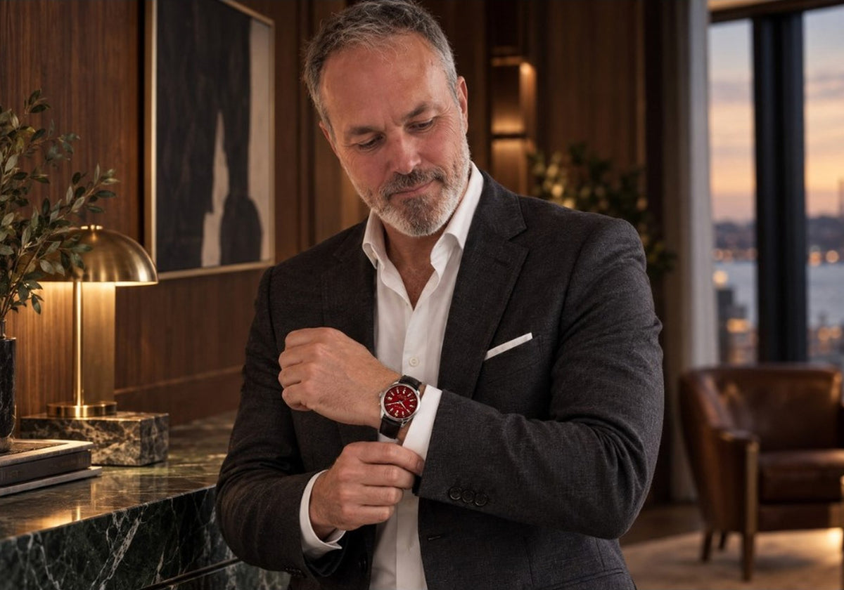 Man wearing a SANDAHL ORNATUS Garnet watch with a red dial while adjusting his cuff in a waterfront lounge at sunset.