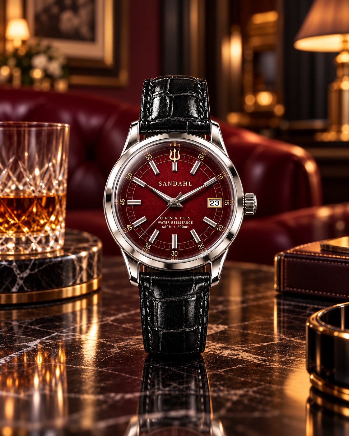 SANDAHL ORNATUS Garnet with a burgundy-red dial and black leather strap on marble in a warmly lit lounge.