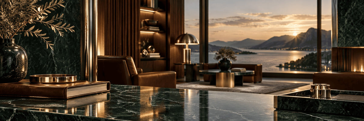 Warmly lit interior with green marble, brass details and a lake view at sunset.