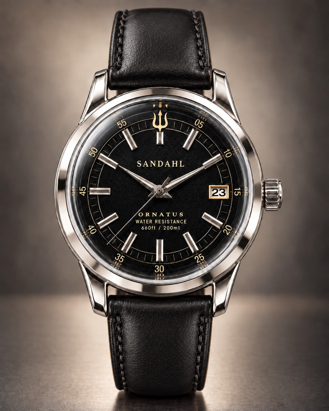 Front view of the SANDAHL ORNATUS Onyx watch with a black dial, polished stainless steel case and black leather strap.