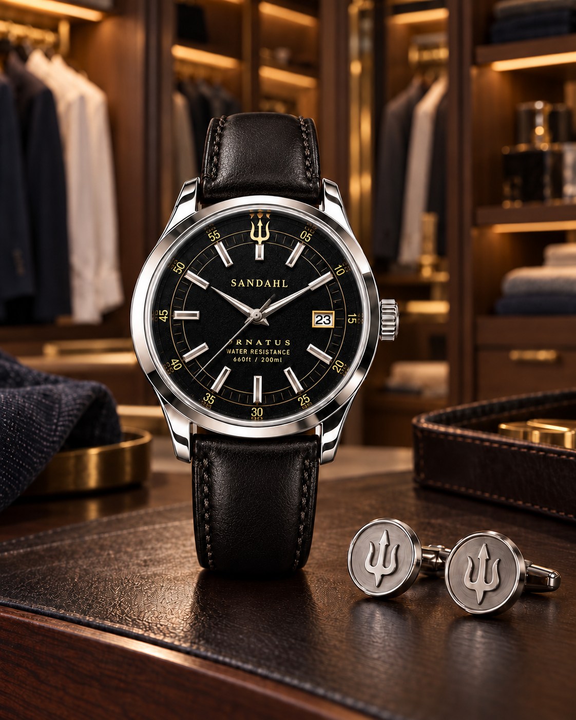 SANDAHL ORNATUS Onyx watch with a black dial and black leather strap beside trident cufflinks in a warmly lit walk-in closet.