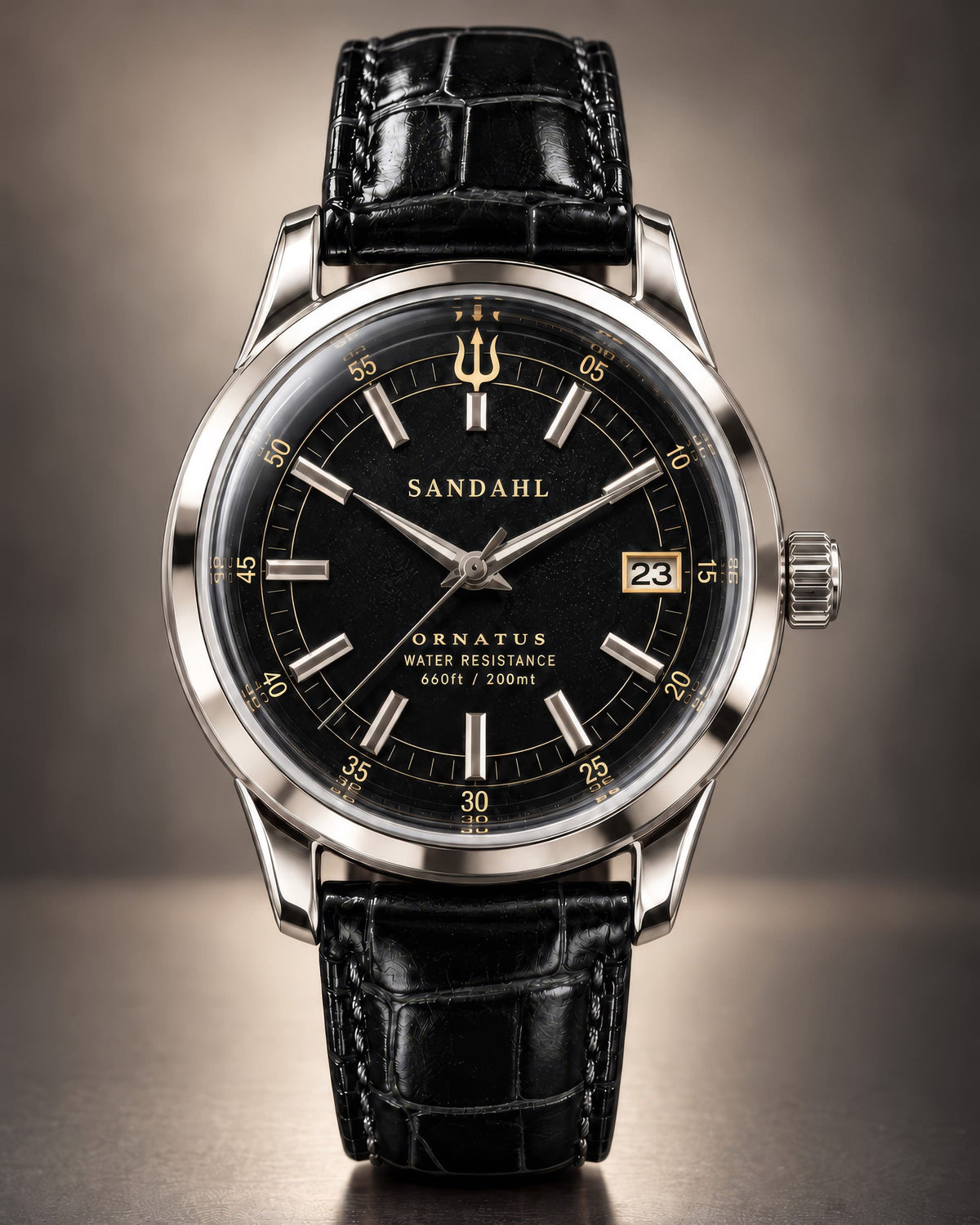 SANDAHL ORNATUS Onyx with a black dial, polished steel case and black crocodile-pattern leather strap, viewed from the front.