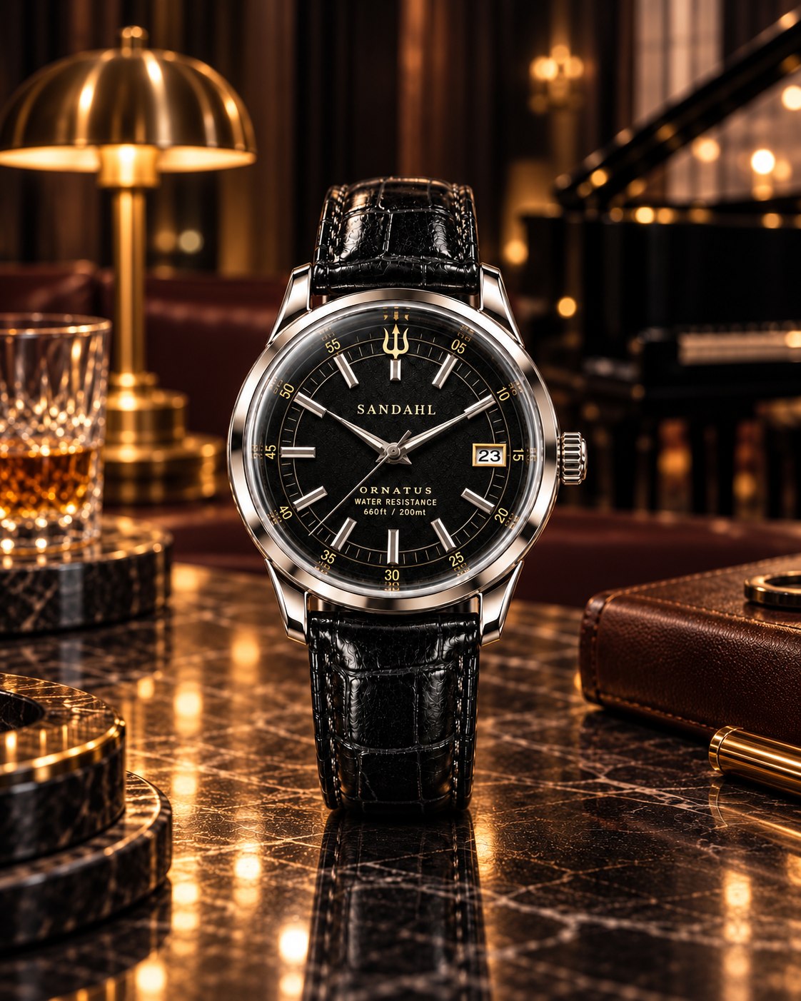 SANDAHL ORNATUS Onyx with a black dial and black leather strap on marble, with a grand piano and warm brass lighting behind it.