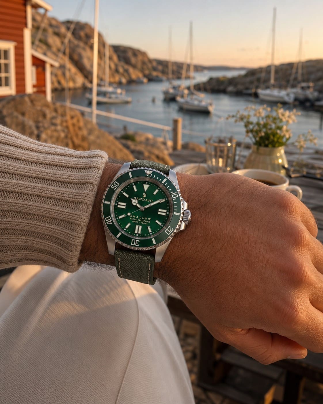 SANDAHL SHALLOW Archipelago Green worn beside a red coastal cottage overlooking a harbour at sunset.