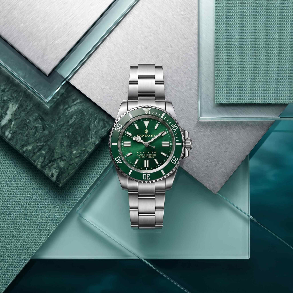 SANDAHL SHALLOW Archipelago Green stainless steel dive watch with green sunburst dial in layered material composition
