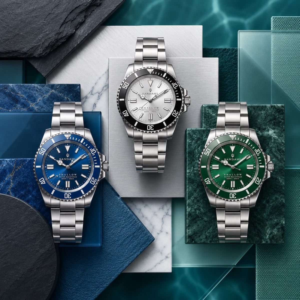 SANDAHL SHALLOW collection featuring blue, silver and green dive watches with stainless steel cases and bracelets.