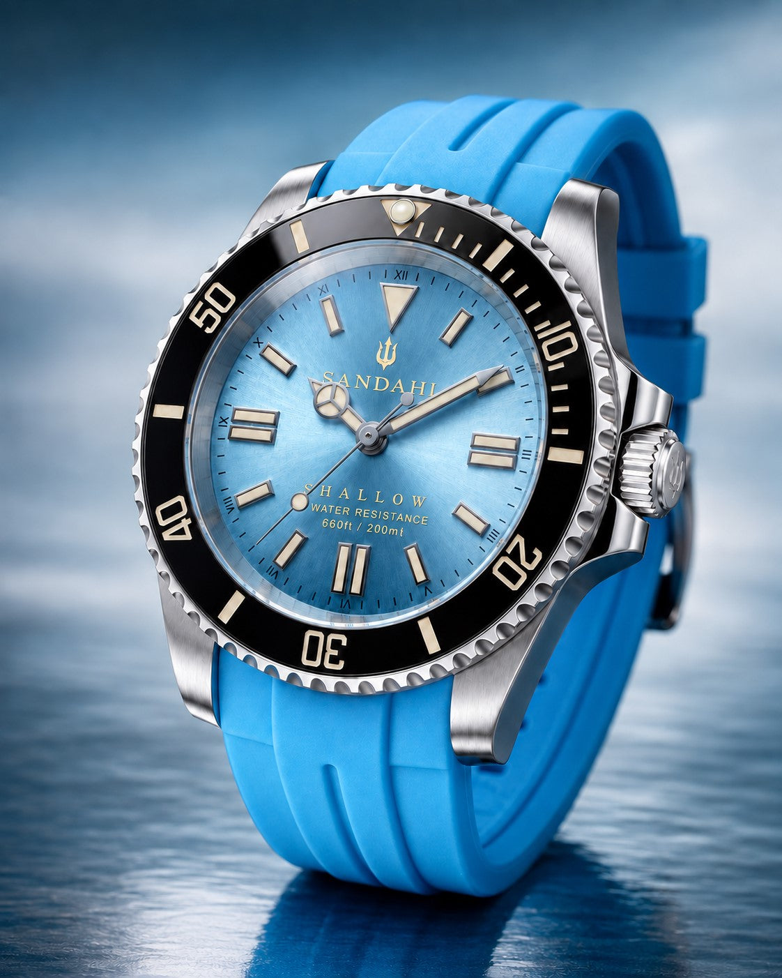Angled view of SANDAHL SHALLOW Glacial Blue with an ice-blue dial, black bezel and bright blue rubber strap.