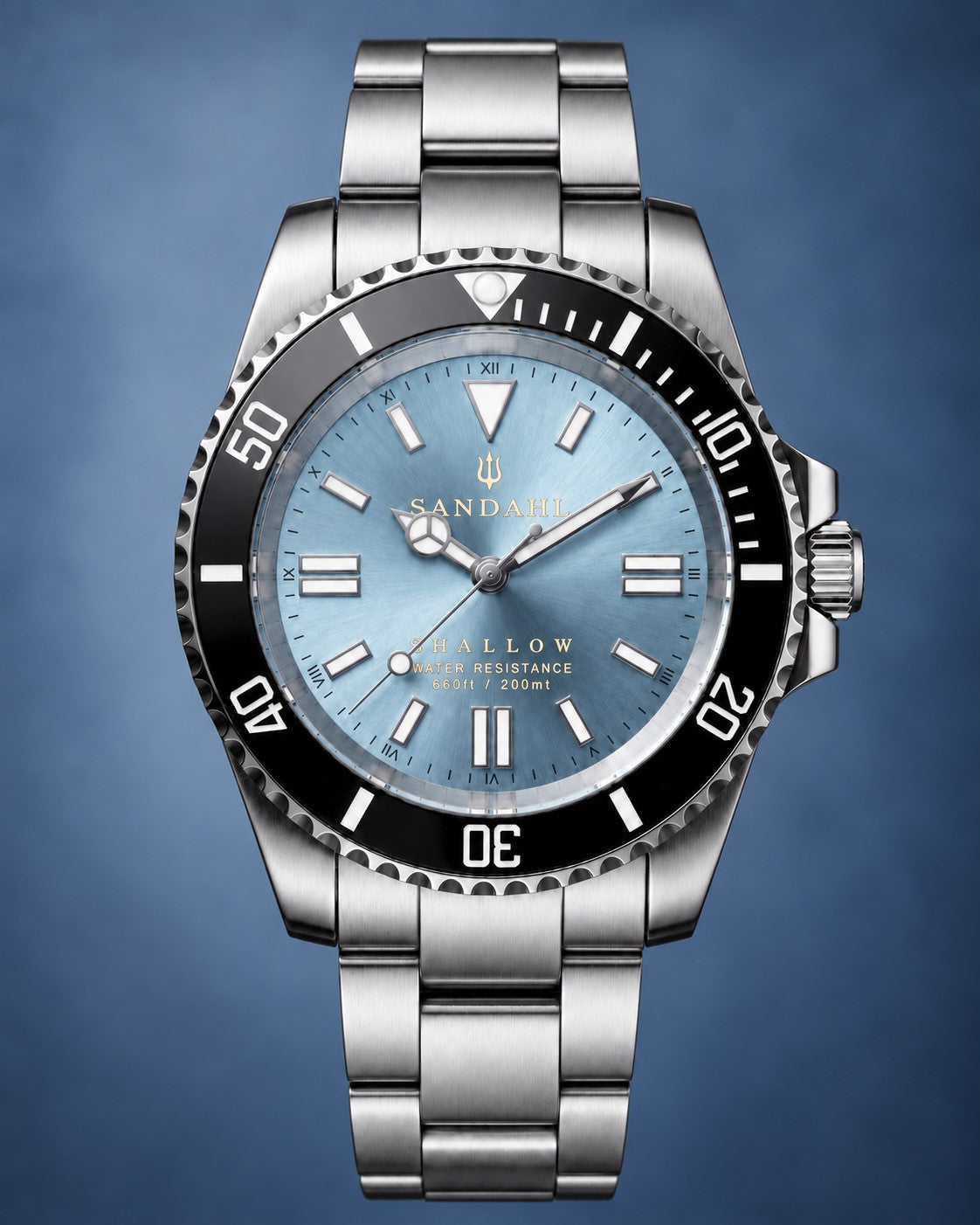 SANDAHL SHALLOW Glacial Blue watch with ice-blue sunburst dial, black bezel and stainless steel bracelet shown from the front