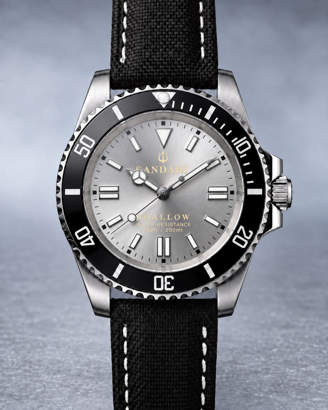 SANDAHL SHALLOW Sea Mist Silver dive watch with silver sunburst dial, black bezel and black sailcloth strap