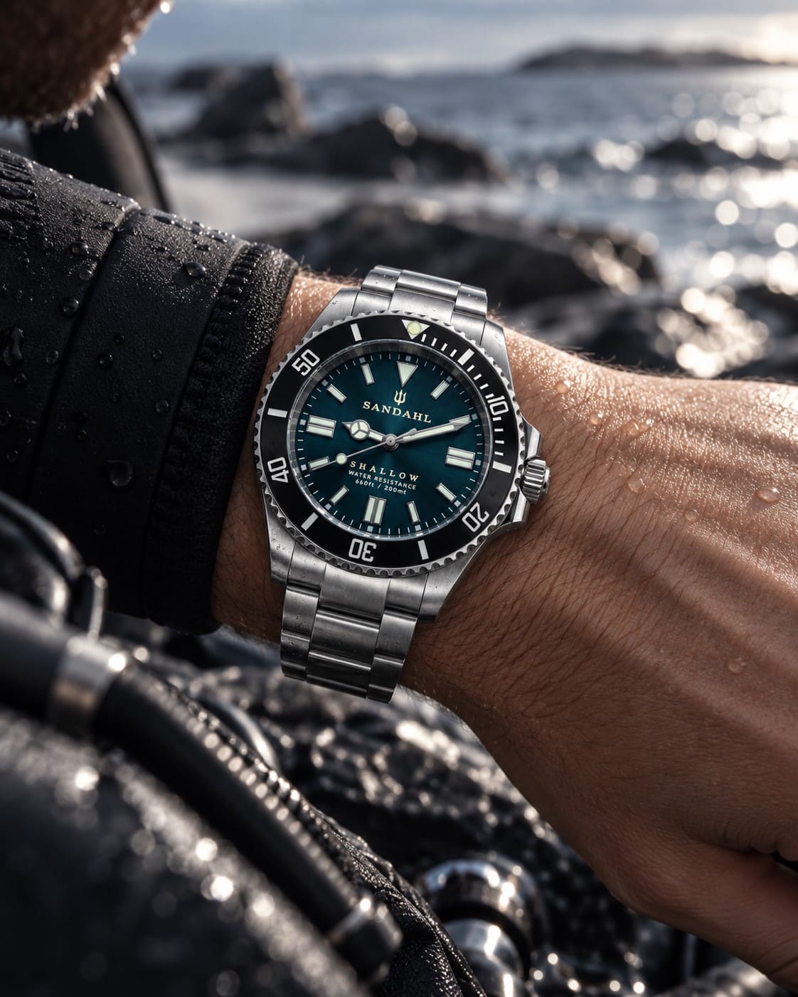 SANDAHL SHALLOW Skagerrak Teal with a steel bracelet, worn aboard a sailboat beside a rocky coast.
