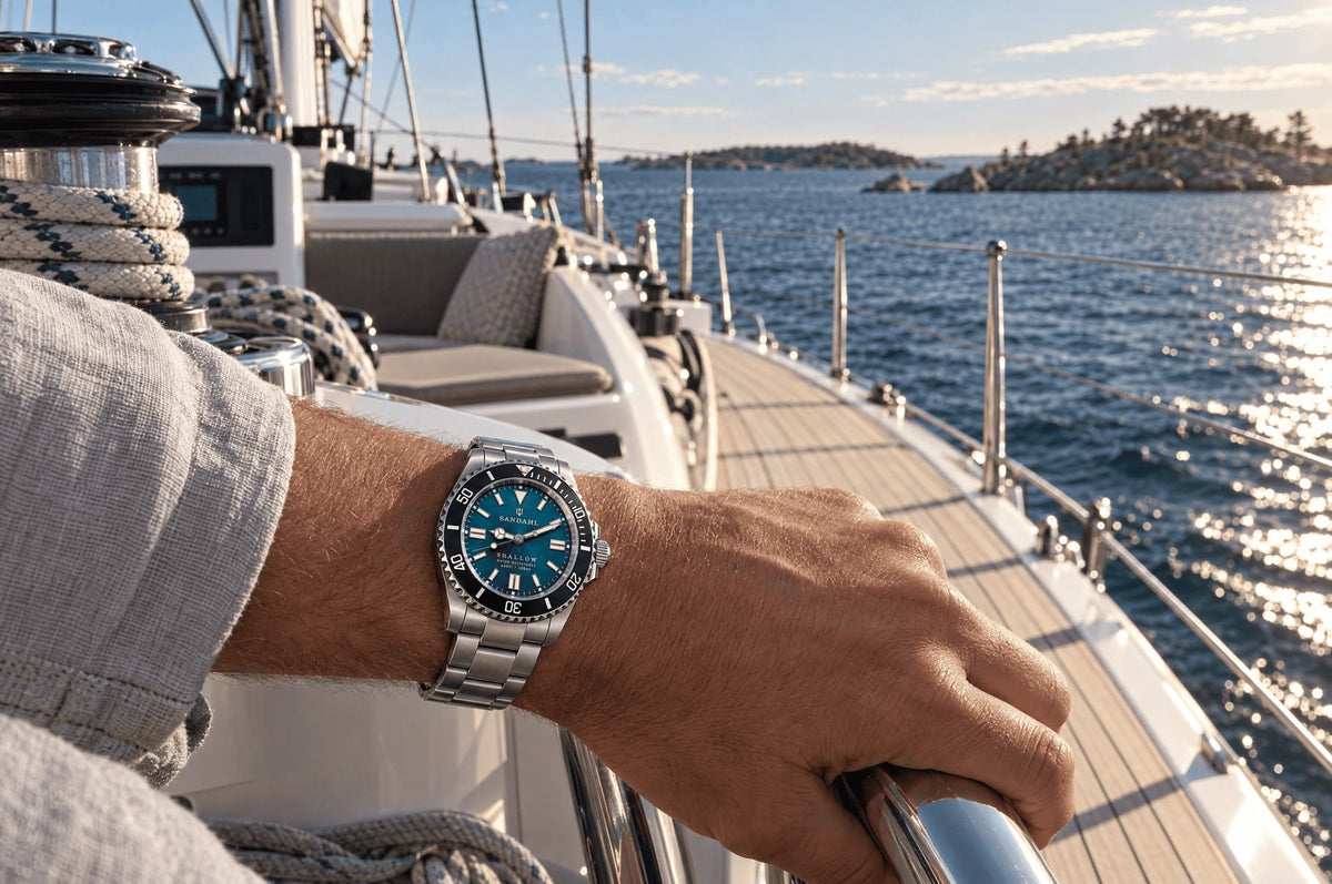 SANDAHL SHALLOW Skagerrak Teal worn aboard a sailboat in the Swedish archipelago.